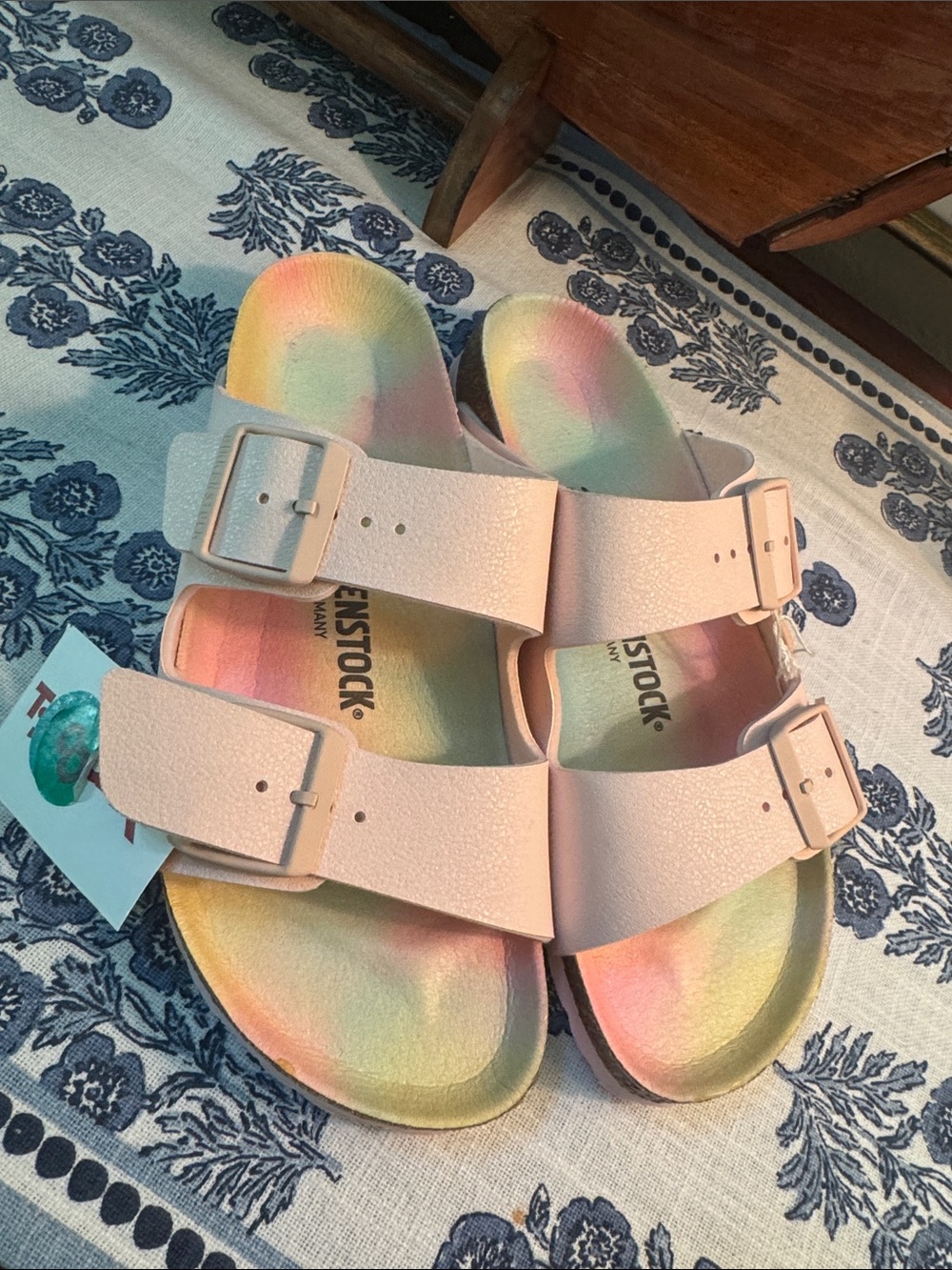 Birkenstock Two-Strap Sandals in Light Pink with Pastel Rainbow Footbed